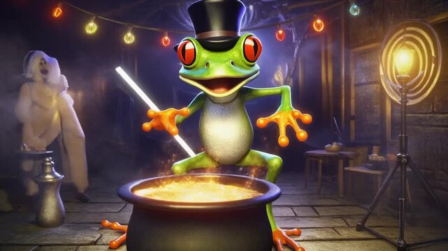 Cartoon frog magician in a top hat performing a magic trick with a wand and cauldron image photo