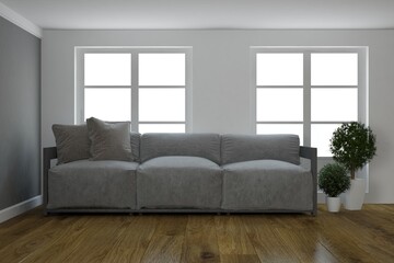 modern room with sofa with pillows and plant in white flowerpots interior design. 3D illustration