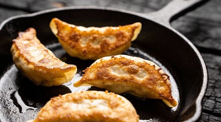 Traditional Japanese Yaki Gyoza Served in Skillet