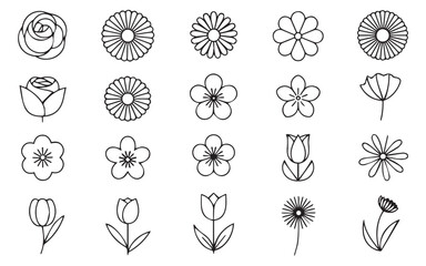 A collection of 16 black and white line drawings of various flowers and plants, showcasing different blooms and foliage in a minimalist style.