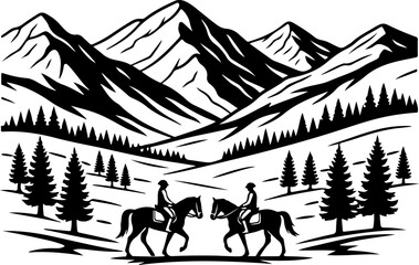 Cowboy Horse Ride in Mountain Wilderness &ndash; Western Vector Illustration