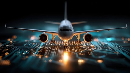 Front view of a commercial airplane illuminated standing on a glowing digital circuit board with dark background