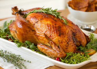 a turkey on a platt with herbs and herbs