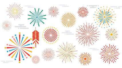 Colorful fireworks celebrating Chinese New Year joy and prosperity on a clean white background