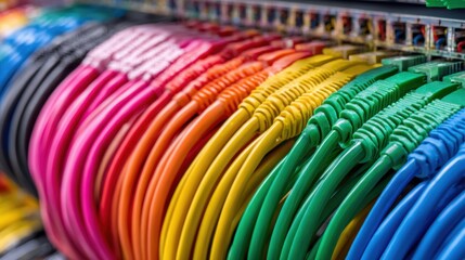 Colorful network cables organized in a server rack showing vibrant blue green yellow orange pink and red connections