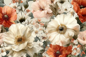 Elegant, chic, vintage watercolor seamless repeating pattern featuring cream-colored daisies, light pink poppies, small white blossoms, and vibrant orange floral accents