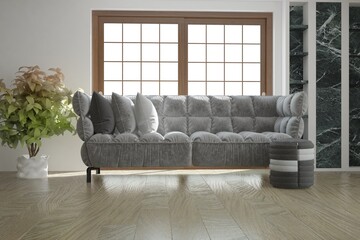 modern room with sofa with pillows, pouf and plant interior design. 3D illustration