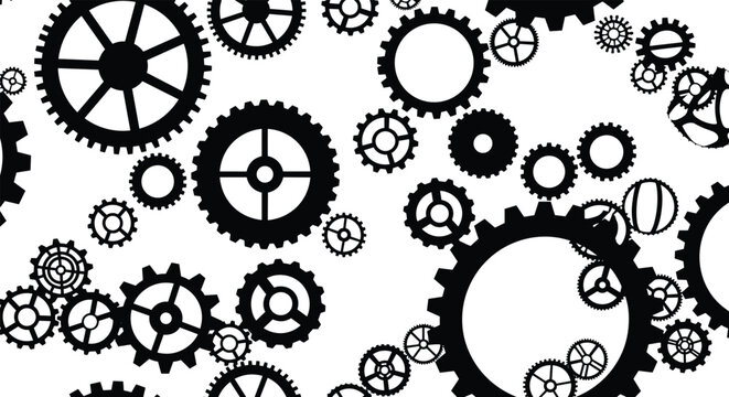 Intricate seamless pattern of various black gears, cogs, and mechanical parts creating a complex industrial or steampunk-style machine background.