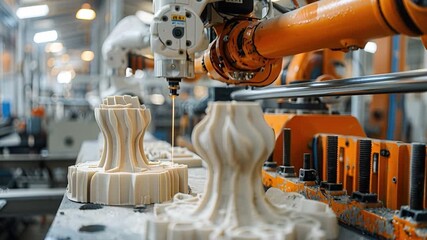 A robotic arm works on a piece in a manufacturing facility. The equipment operates in the daytime, focusing on creating detailed designs from material. The workshop is filled with tools and machinery