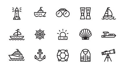 A collection of nautical icons featuring various maritime elements and symbols in a simple line art style.