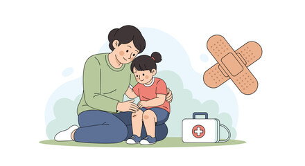 Caring mother comforting her sad daughter who has a scraped knee, with a first aid kit and bandage ready to help her feel better.