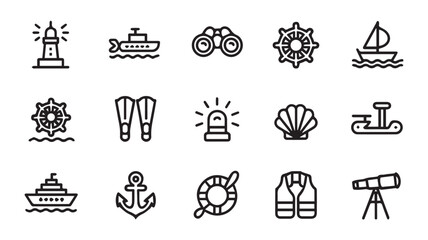 A collection of nautical icons representing various maritime elements and activities