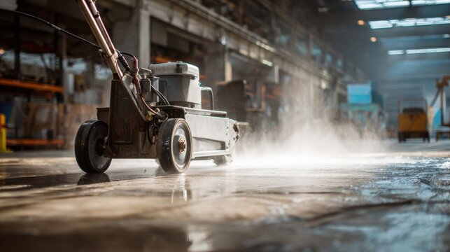 Industrial floor scrubber machine cleaning concrete in a large factory building