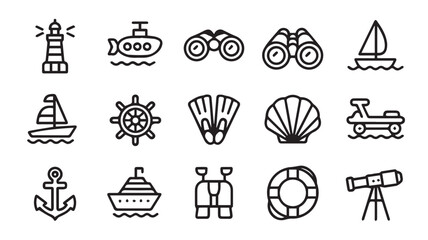 Collection of nautical and beach icons in black and white line art style