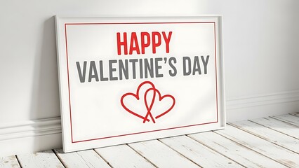 Happy valentines day sign with red hearts on white wooden floor