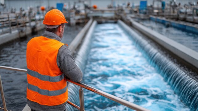 Male worker in orange helmet and vest overseeing a large water treatment facility with cascading water