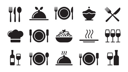 A collection of black and white icons depicting various dining and culinary elements