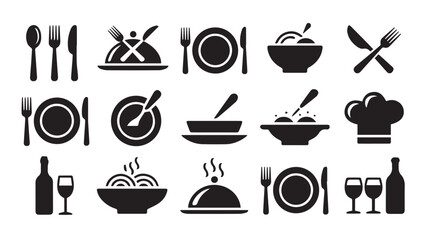A collection of monochrome restaurant icons showcasing various dishes and utensils on a clean white background.