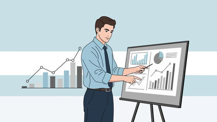 Business man presenting charts and graphs on whiteboard, financial report concept