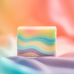 realistic photo of a colorful handmade soap bar on a pastel background, clean commercial style