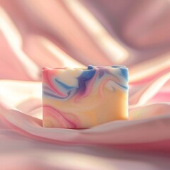 realistic photo of a colorful handmade soap bar on a pastel background, clean commercial style