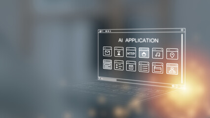 A futuristic digital screen displays an AI Application menu with various web and software icons, representing artificial intelligence and cloud computing technology for business automation concepts