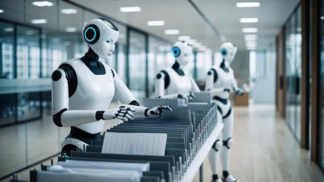 Three robots are working together to sort and organize files in an office. They focus on their tasks while surrounded by contemporary office design and technology