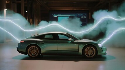 Airflow visualization in a wind tunnel where neon smoke trails swirl smoothly around a sleek car prototype, engineers watching pressure zones form on a digital monitor — aerodynamic testing,
