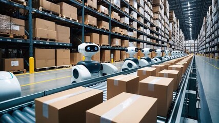 Several robots are working in a warehouse. They are moving along a conveyor with boxes. The scene shows organized shelves filled with packages. This takes place in a busy logistics center