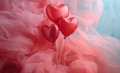 Three red heart shape balloons on a pink textile background. Valentine's Day or romantic celebration concept. Studio shot with elegant drapery.