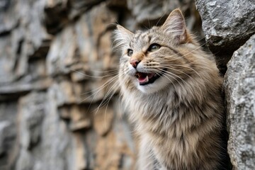 Portrait of a happy laperm cat on rocky cliff background.