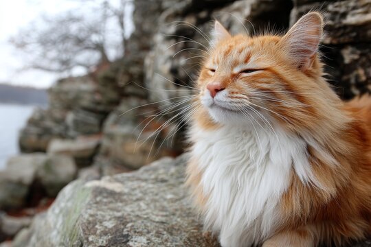 Portrait of a happy laperm cat in rocky cliff background.