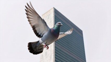 A pigeon in flight with the United Nations building in the background, expressing peace and freedom, Used for themes of diplomacy, global unity, and urban wildlife.