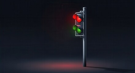 Illuminated traffic signal displays both stop and go indications against a dark background