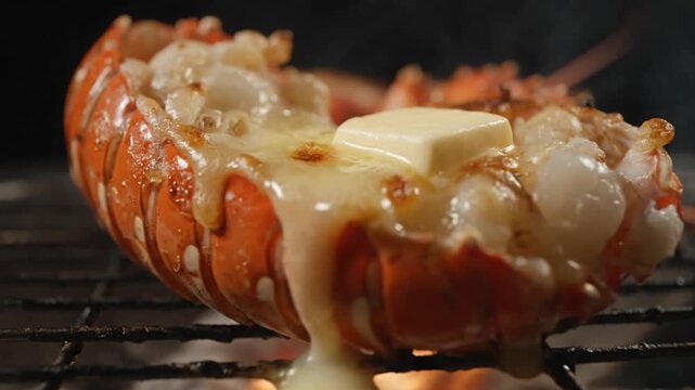 A succulent lobster tail being grilled on a barbecue with melting butter