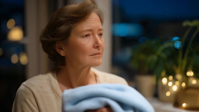 A partner staying up late caring for a sick loved one, warm towel in hand, eyes filled with concern &mdash; emotional caregiving, selfless love, and personal sacrifice at home. cinematic color