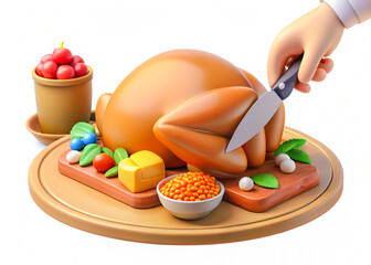 a turkey on a platt with a knife and a bowl of fruit