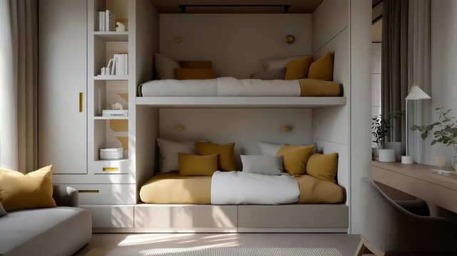 A space-efficient children&rsquo;s bedroom featuring a bunk bed with built-in shelves, sliding wardrobes, and a fold-down homework desk &mdash; family-friendly compact design, organized kids&rsquo; spaces, and