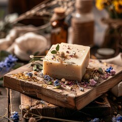 realistic product photo of natural soap bar dried flowers herbs wooden tray cozy rustic aesthetic