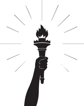 Silhouette of a hand holding a glowing torch with radiating light