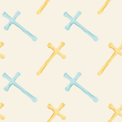Seamless watercolor pattern with Christian crosses, hand painted in blue and yellow tones for Easter designs, religious stationery, wrapping paper, greeting cards, textiles and decorative backgrounds.