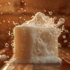 realistic photo of a soap bar with small foam bubbles on surface, natural wooden background