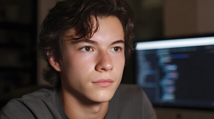 Young person intensely focused on a computer screen displaying code in a dark room