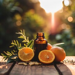 realistic photo of a vitamin bottle on a wooden table outdoors, morning sunlight natural aesthetic