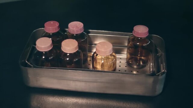 On the black table is an obsolete Soviet metal sterilizer with several glass bottles closed with pink caps. Closeup. Shot in motion  
