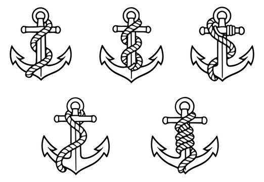 Hand drawn line art nautical anchor set featuring anchors with different rope wraps for maritime design