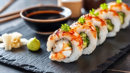 Delicious sushi rolls with shrimp and avocado on slate serving plate.