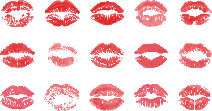 Different lipstick prints of women lips on white background
