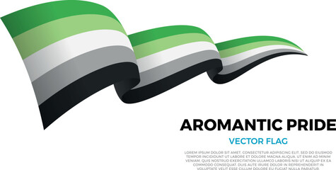 Flag of the Aromantic community, pride flag part of the LGBTQ community. Shining flag with realistic shadows waving in three layers. The elegant curves and realistic shading create a sense of motion