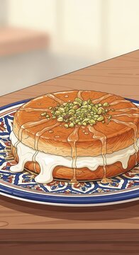 Delicious Middle Eastern layered pastry dessert topped with cream and nuts rests on an ornate plate